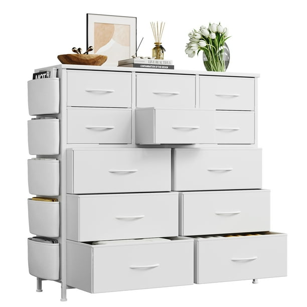 Yeshouse Cómoda de tela de 12 cajones para dormitorio, organizador vertical con tapa de madera, 5 bolsillos laterales, 2 ganchos y estructura de acero, ideal para ropa y sala de estar