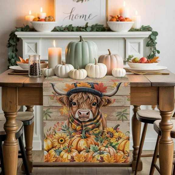 Scottish Highland Cow Cotton Linen Table Runner, Washable Table Runners for Kitchen, Dining Room, Holiday, Home Party Table Decor, 13x72 Inches