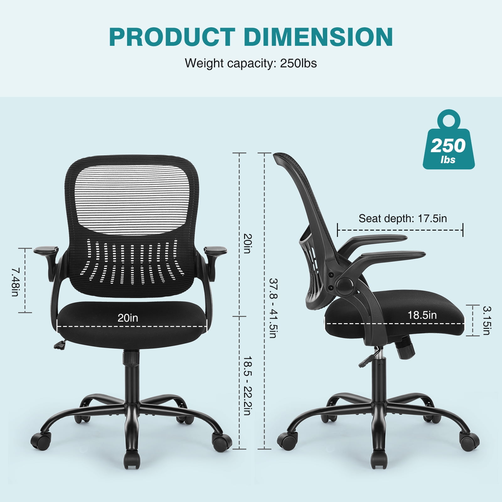 MCQ Office Chair, Ergonomic Home Mesh Office Desk Chairs, with Adjustable Armrests, Wheels and Mid-Back Task Chair with Lumbar Support, Black