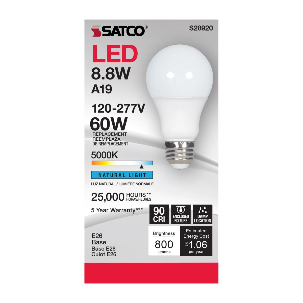 Satco  S28920 8.8W 120V LED A19 Light Bulbs 5000K 800L E26 Medium Base (6 Pack)