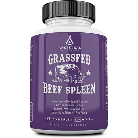 Ancestral Supplements Grass Fed Beef Spleen Supplement, 3000mg Beef Organ Spleen Support Formula Promotes Digestive, Immune, Iron, Energy and Allergy Health, Non GMO, 180 Capsules