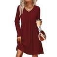 thumbnail image 2 of Women's Dress Long Sleeve V-Neck High Waist Elastic Ribbed Striped with Pocket Midi Dress for Spring Fall Casual,Wine,M, 2 of 7