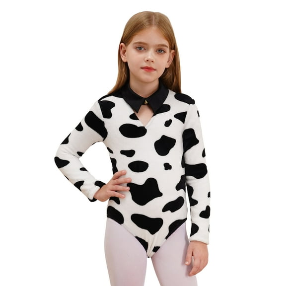 Aislor Kids Girls Boys Halloween Animal Role Play Costume Cow Print One Piece Bodysuit Long Sleeve Black White 12