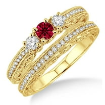 Extraordinary Fantastic Mind Blowing Moissanite Diamond 2.25 Carat Round Cut Red Ruby Antique Milgrain Bridal Set on 10k Yellow Gold