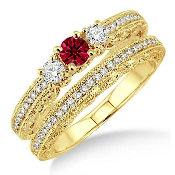 Extraordinary Fantastic Mind Blowing Moissanite Diamond 2.25 Carat Round Cut Red Ruby Antique Milgrain Bridal Set on 10k Yellow Gold