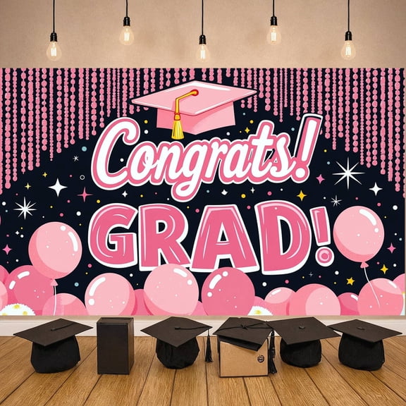 Pink Theme Graduation Banner Graduation Cap Congrats Display Pink Balloons Star Accents Grad Backdrop for Graduation Party College Graduation Photo Backdrop