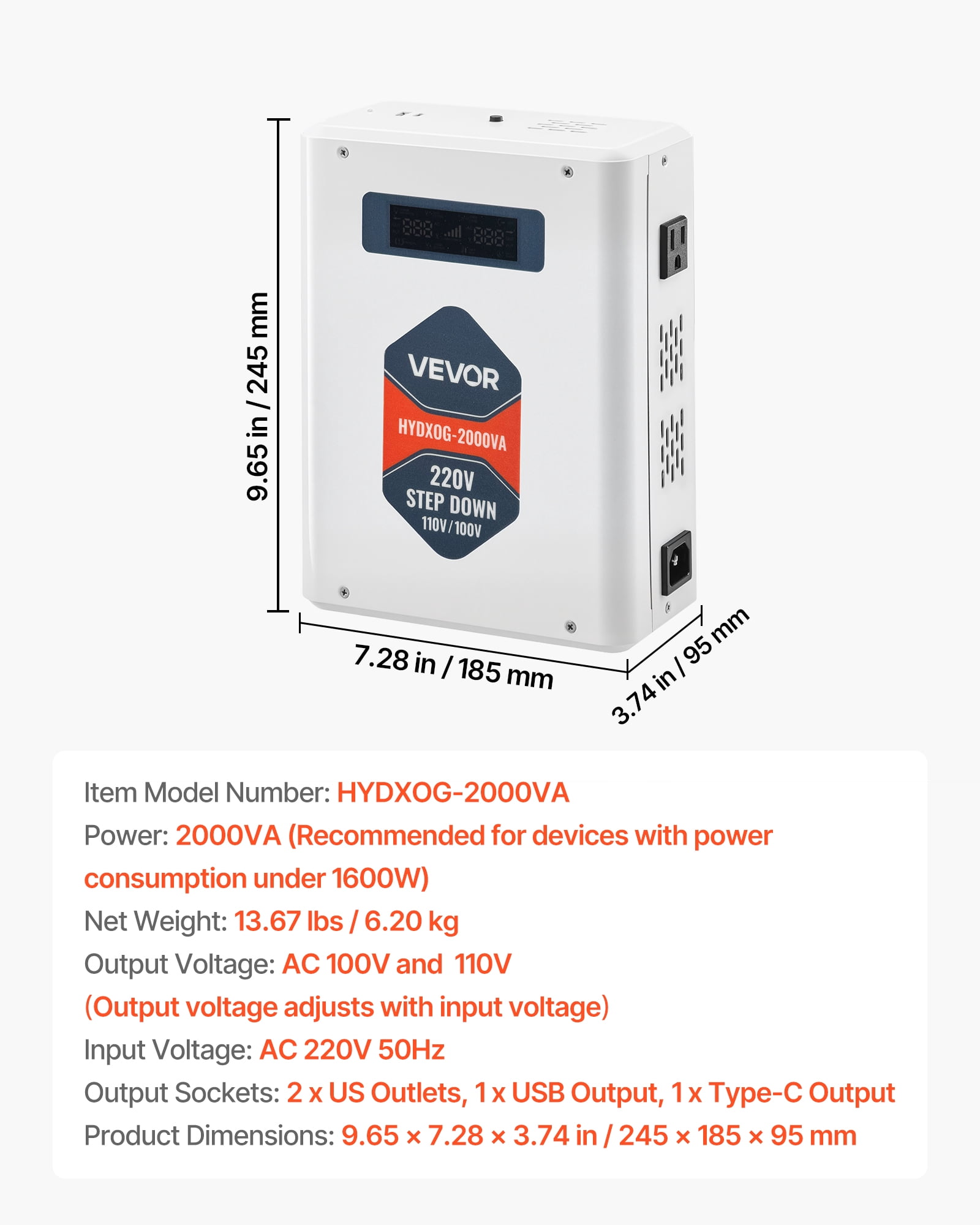 VEVOR Step Down Voltage Converter, 2000W, Heavy Duty Voltage Power Converter, 220V to 110V Power Transformer, with 2 US Outlets, USB Output, LCD Display, Temperature Protection, for 110V Appliances