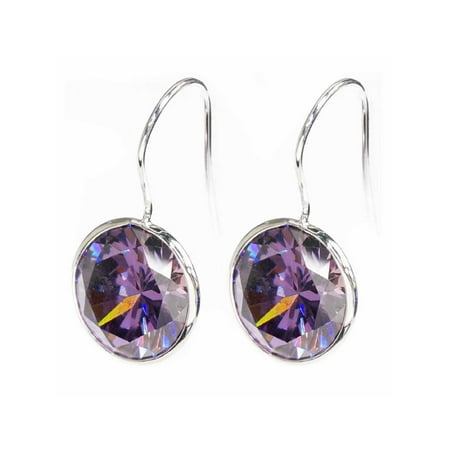 Purple Crystal Bead Earrings - Round Purple Cubic Zirconia Crystal Rhodium-plated Sterling Silver French Hook Dangle Earrings
