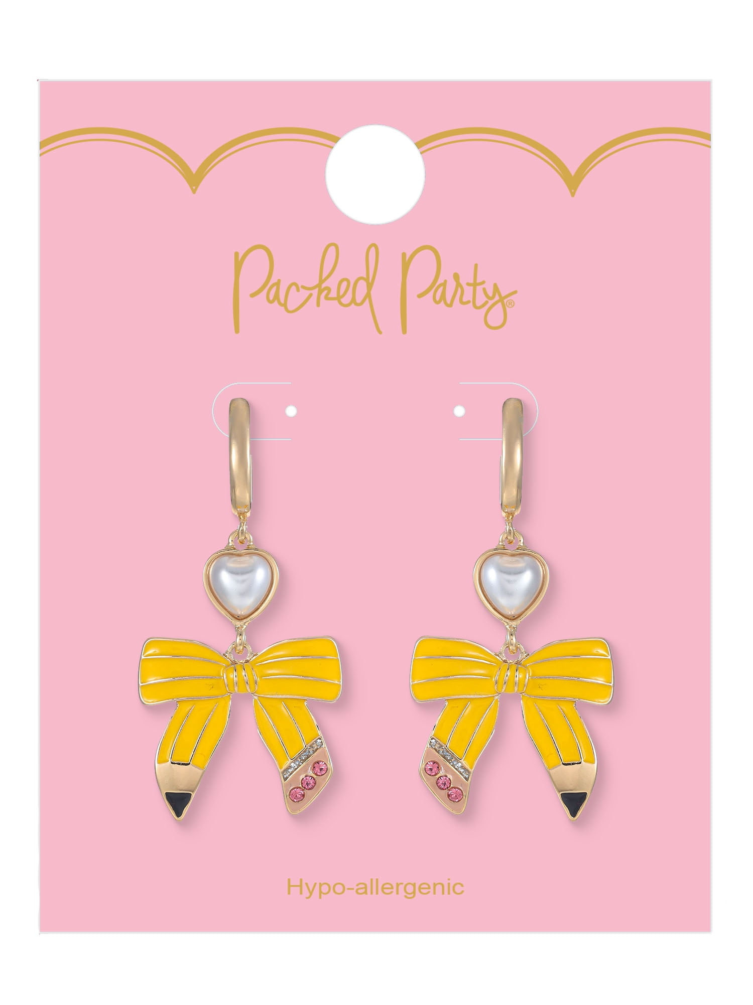 Packed Party Women's Pencil Bow Earrings with Pearl Heart for Back to School