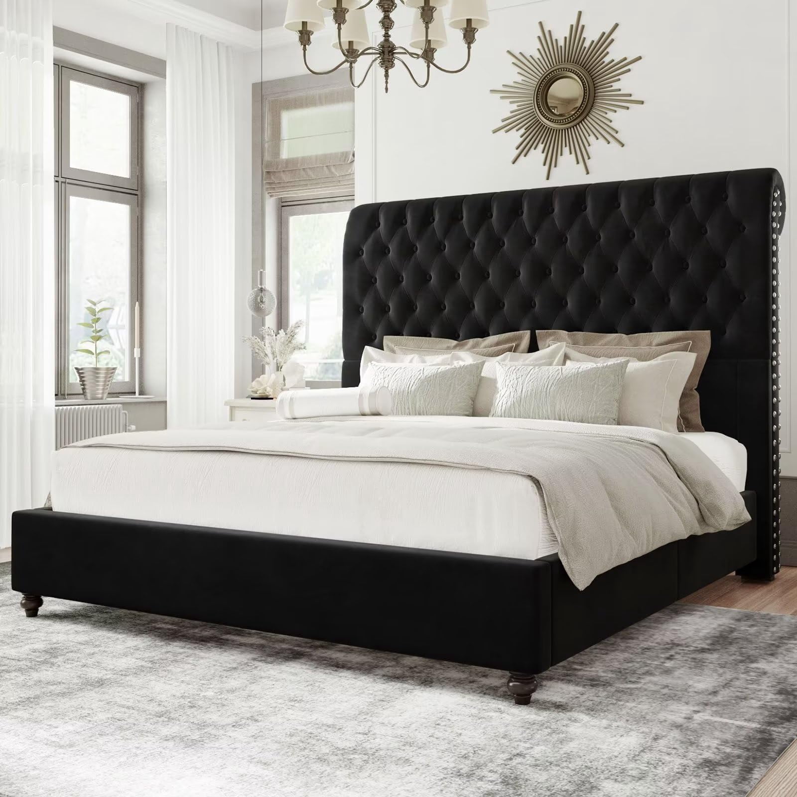 Merluxy Queen Platform Bed Frame with Velvet Upholstered,Button Tufted 52.8" Tall Sleigh Headboard,Black