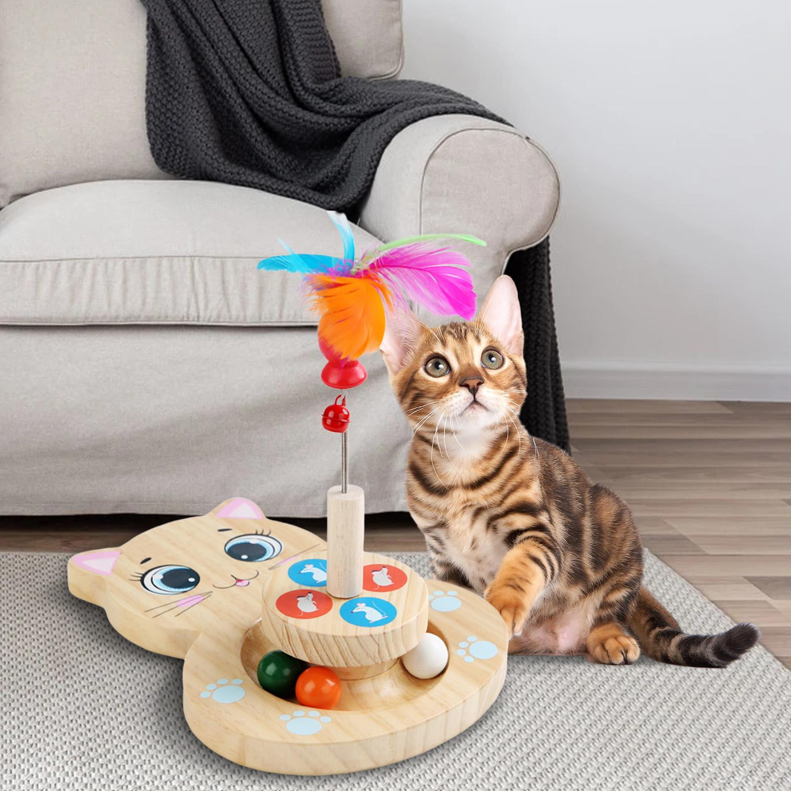 Wooden Cat Toy, Cat Turntable with Balls, Cat Toy Feather Stick, Feather Teaser, Interactive Training Toy , Cat Shaped