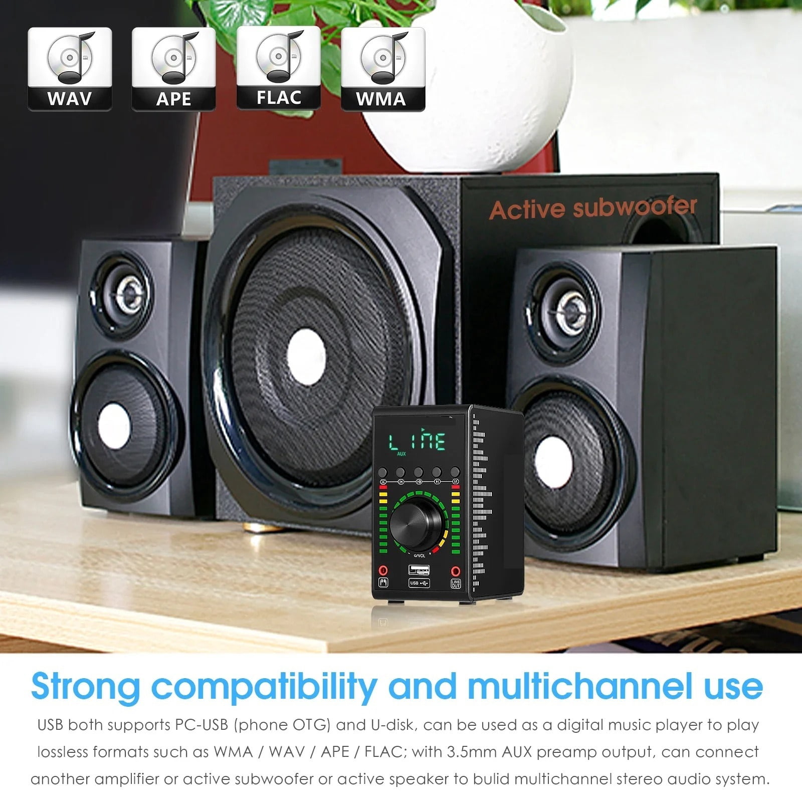 Audio Mini Digital Amplifier COAX / OPT Integrated 5.0 Amp Home/Car/Marine Audio Amp USB Player 24B/192K ,Bass & Treble Control