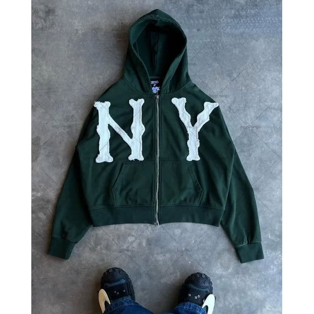 Sudadera con capucha holgada informal con bordado de letras, estilo retro, de gran tamaño, con cremallera, marca de moda Y2k, para hombre y mujer