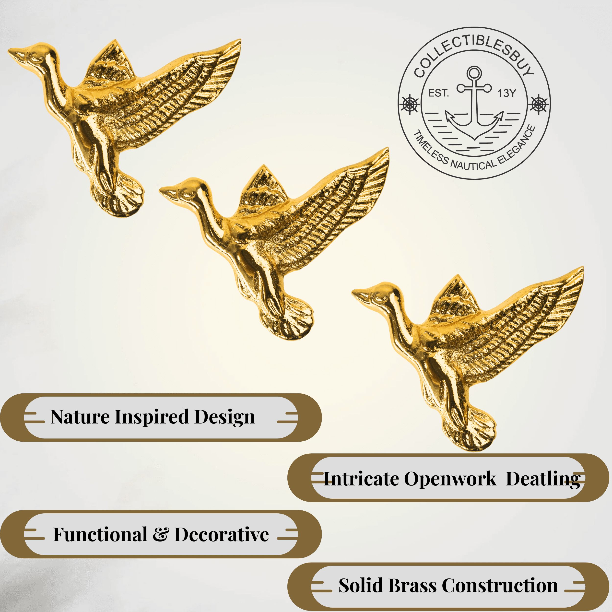 Elegant Brass Swan Cabinet Knob – Golden Flying Bird Drawer Pull Handle for Dresser, Wardrobe, Closet & Home Furniture | Decorative Vintage Hardware (Set of 3)