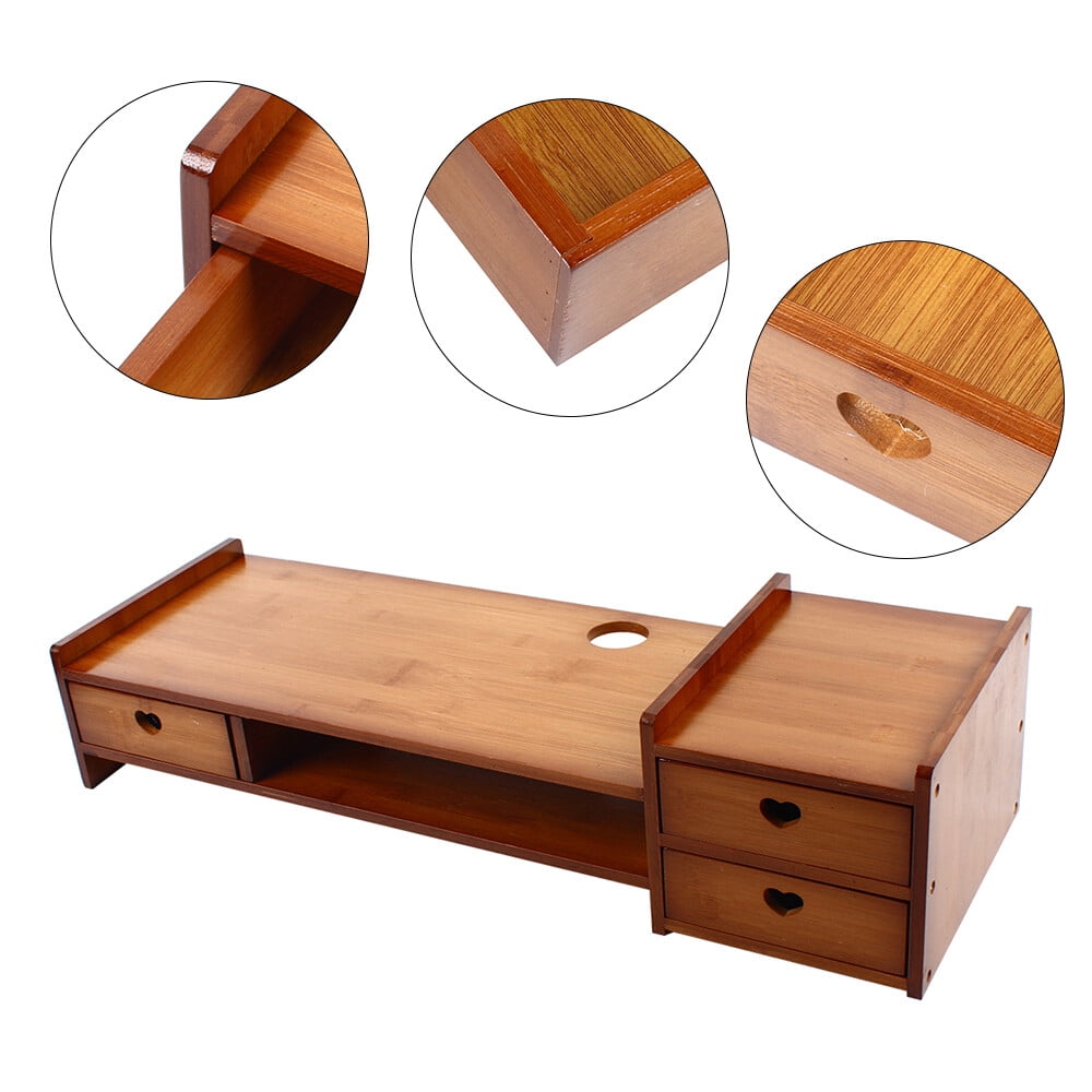 Bamboo Monitor Stand with 3 Drawers & 2 Shelves 27" Wide Desktop Riser for Computer Screen, Keyboard Storage