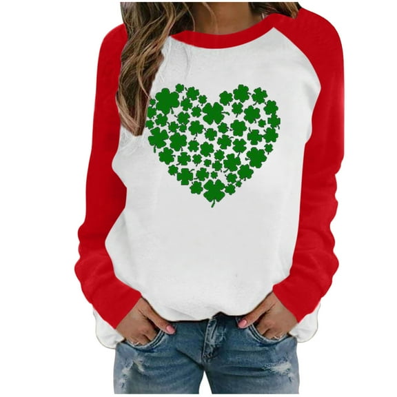 Honeeladyy Discount Shamrocks Sweatshirt for Women Clover Heart Shape Irish Shirt Long Sleeve St. Patrick's Day Raglan T-shirt Top