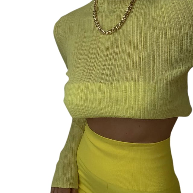 Camiseta amarilla S ins estilo de principios de otoño para mujer, camiseta transparente de manga larga de malla, top ajustado de cuello alto de color sólido