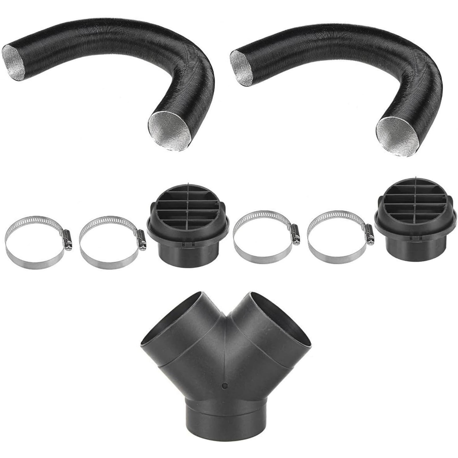 60mm Diesel Parking Heater Warm Air Vent Kit with 2 Flexible Duct Hoses Y Shape Connector 2 Round Air Outlets and 4 Clamps