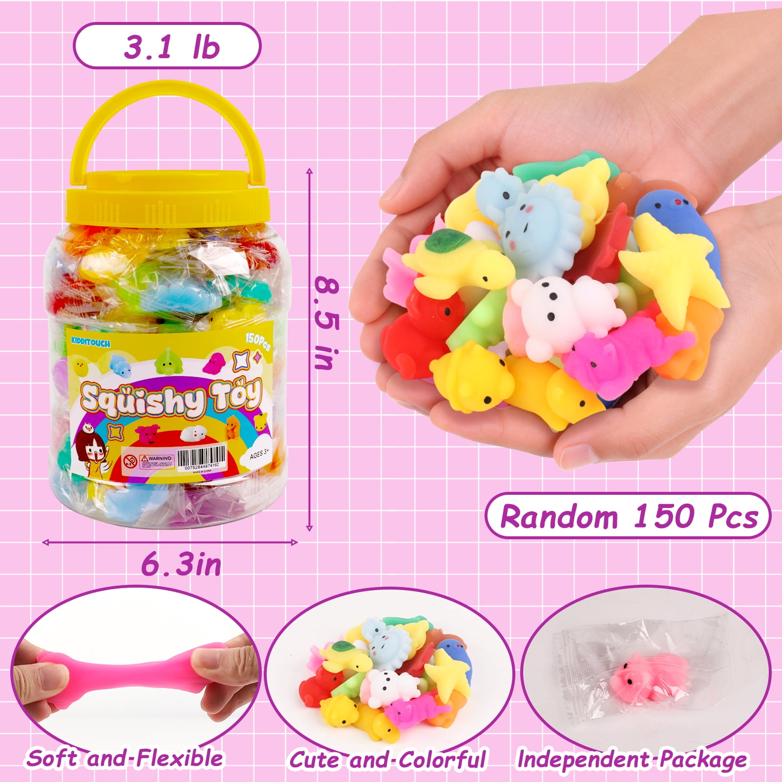 KiddiTouch 150 Pcs Mochi Squishy Toys for Kids Party Favors, Kawaii Mini Squishy Fidgets for Classroom Prizes, Stress Relief Sensory Toy for Boys Girls Birthday Gift