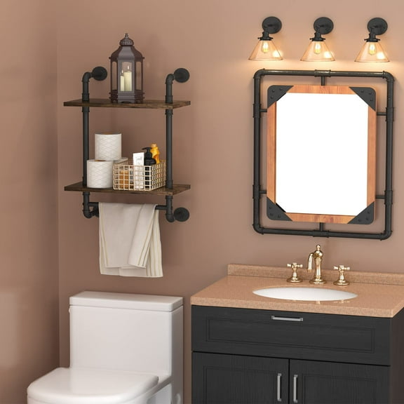 Industrial Pipe Floating Bathroom Shelves with Towel , 2 Tier Rustic Wood Wall Shelf, 16inch Metal Storage for Kitchen, Farmhouse