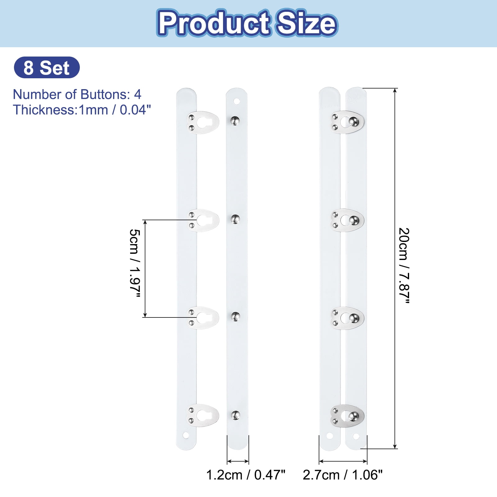 8 Pairs Corset Busk, 8" Metal Spring Steel Boning Support with 4 Buttons 0.5 Width
