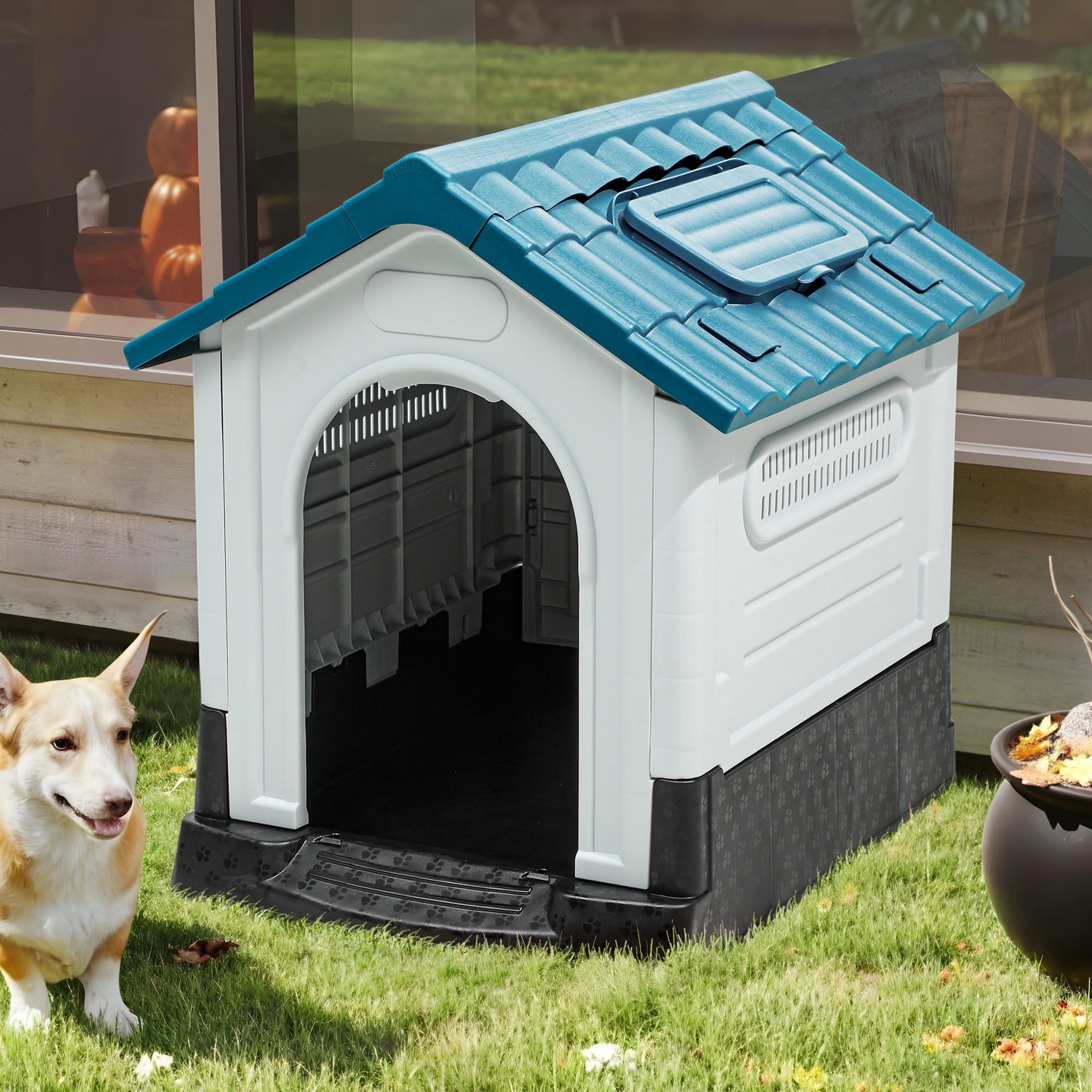 Uforic Foldable Plastic Dog House with Adjustable Skylight and Elevated Floor, Outdoor Indoor Waterproof  Doghouse Puppy Shelter,Blue,26.8''Lx 22.4''Wx 26''H
