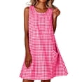 thumbnail image 2 of ClodeEU Women's Crew Neck Sleeveless Plaid A Line Mini Dress,Solid Casual Summer Swing Dress Hot Pink-Plaid,Women's Plus L, 2 of 8