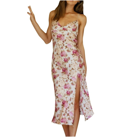 IROINNID Sleeveless V-Neck Dress For Women Fashion Summer Casual Backless Floral Top Camis Dress Prints Below The Knee Sundress