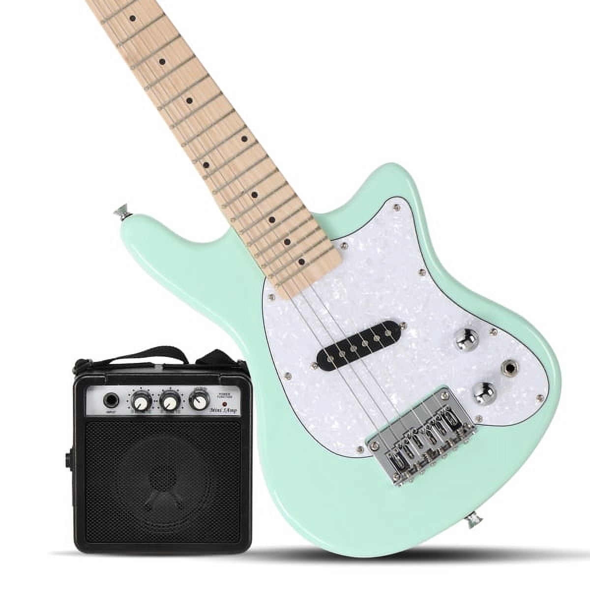 30in Maple Fingerboard Mini Electric Guitar Kit with 5W Amplifier Bag String Shoulder Strap Plectrum Cord Wrench Tool Light Green