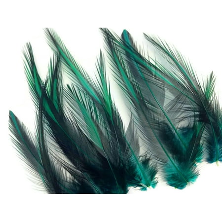 Steel Peacock Feather - 10 Pieces - Peacock Green Laced Medium Rooster Cape Feathers