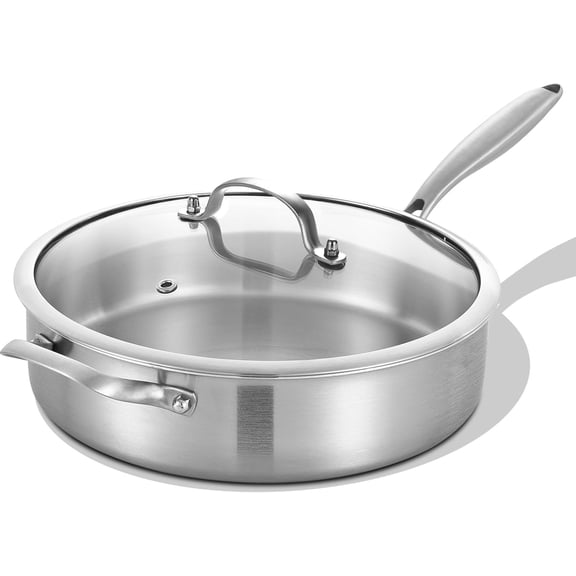 5 Quarts Tri-Ply Stainless Steel Saute Pan wih Lid, 12 Inch Deep Frying Pan, Cooker,Induction Cooking Pan,Dishwasher and Oven Safe,Detachable Handle.