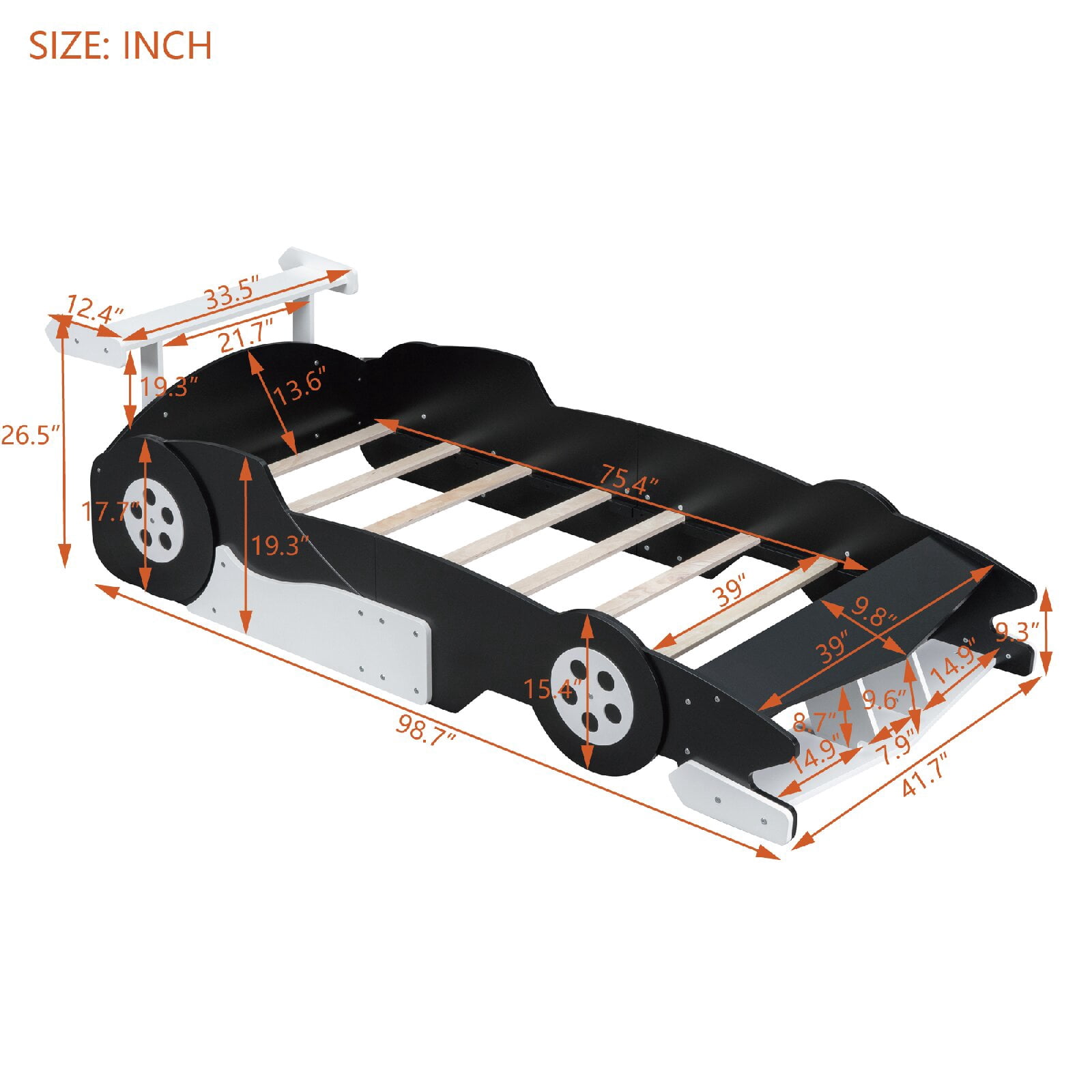 Twin Size Race Car-Shaped Platform Bed Frame with Wheels, Wooden Car Shaped Bed for Bedroom, Apartment, Easy Assembly, No Box Spring Needed, Mattress Not Included, Black