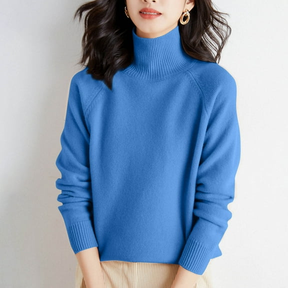 Itsame Pullover Sweater Women Loose High Neck Sweaters Long Sleeve Solid Color Relaxed Sweatertop Blue Size L