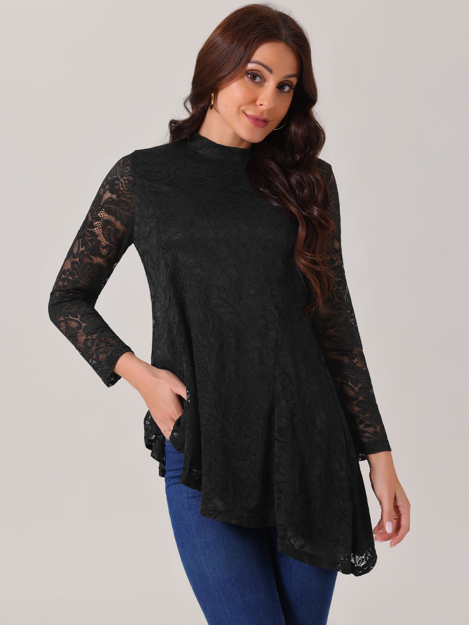 DARING DIVA Women's Long Sleeve Mock Neck Asymmetric Hem Blouses M Black