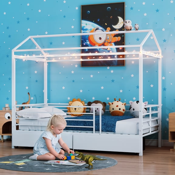 Mintazer Twin Size Metal House Bed with 2 Drawers, Kids Floor Bed with Guardrails for Boys & Girls, White