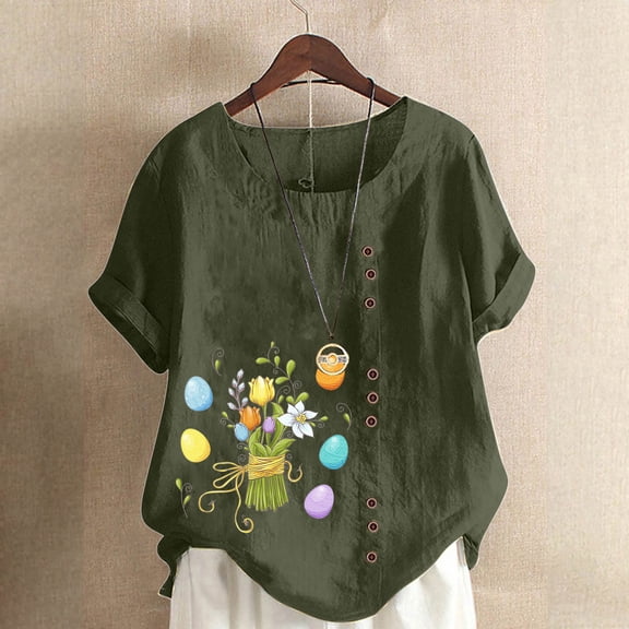 EQWLJWE Women Plus Size Easter Tshirt Tops Trendy Floral Print Casual Loose Fit Tunic Tee Lady Summer Crewneck Blouse Easter Gifts Army Green(S-5Xl)