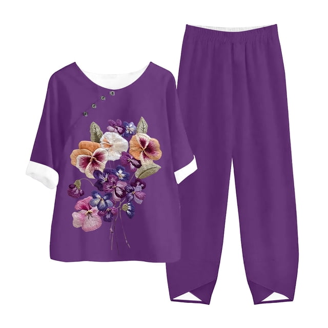 WILLBEST Pantalons pour Femmes, Imprimé Fleur d'Almerz en Lin, Décontracté, Col Rond, Manches Mi-Longues, Ensemble Deux Pièces, Pantalon Large