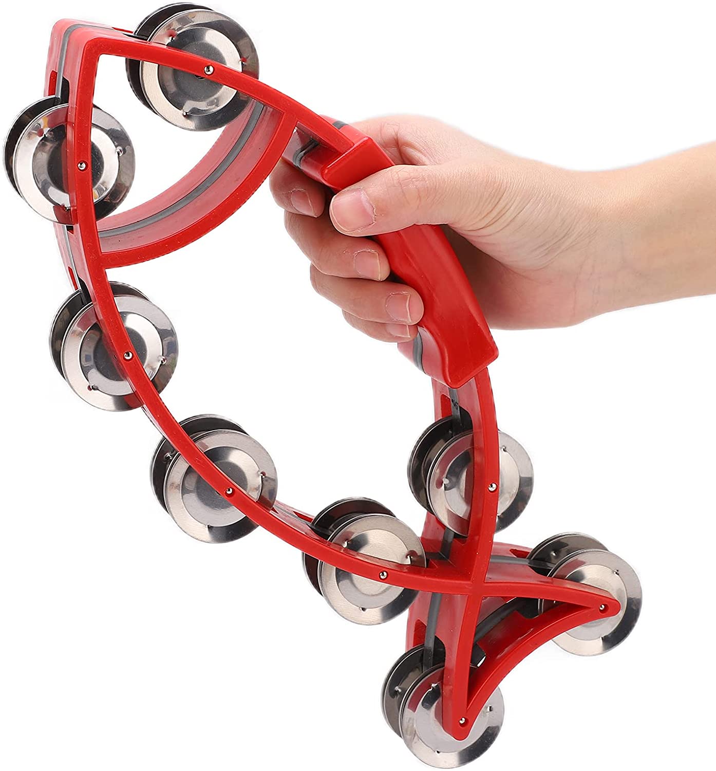 ABPETE Fish Shaped Hand Bell Hand Tambourine Bells Hand Shaking Percussion Musical Rhythm Instruments Smooth Fish Shaped Double Row Tambourines(Red)