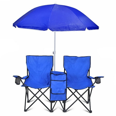 Double Folding Chair With Removable Umbrella Table Cooler Bag Fold Double Folding Chair With Removable Umbrella Table Cooler Bag Fold Up Steel Construction Dual Seat For