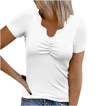 

Corset Top Maternity Shirts Women s Fashion Solid Lace V-Neck Loose Short Sleeve T-shirt Pullover Tops Womens Tank Tops Black Crop Top Clearance White L