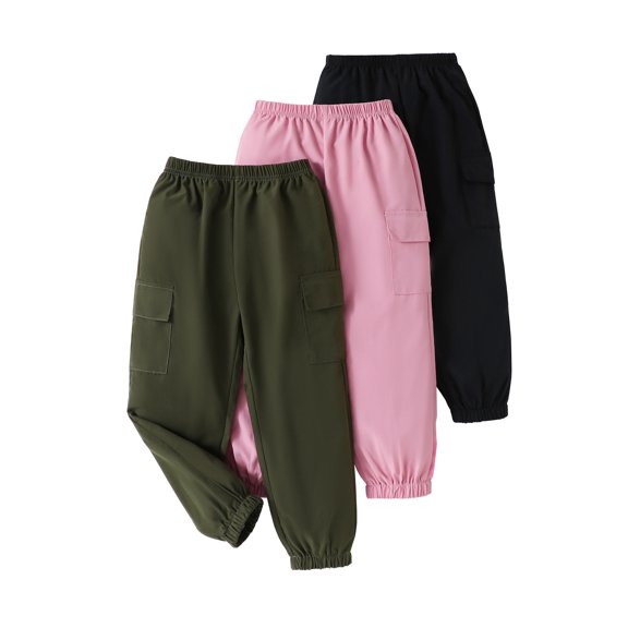Little Girls Clothes Girls Pants Kids 3-Pack Joggers Girls Cargo Casual Elastic Waist Pants for Girls 4T 5T Size 6 7 8 Green Pink Black