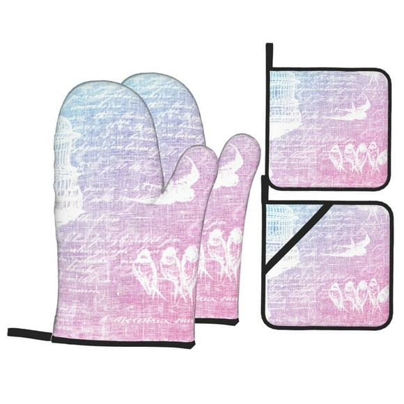 YFYANG Oven Mitts and Pot Holders Sets 4 Pieces, Non-Slip Heat Resistant Pink Vintage Bird Texture Kitchen Glove Pot Mat for Cooking and Baking