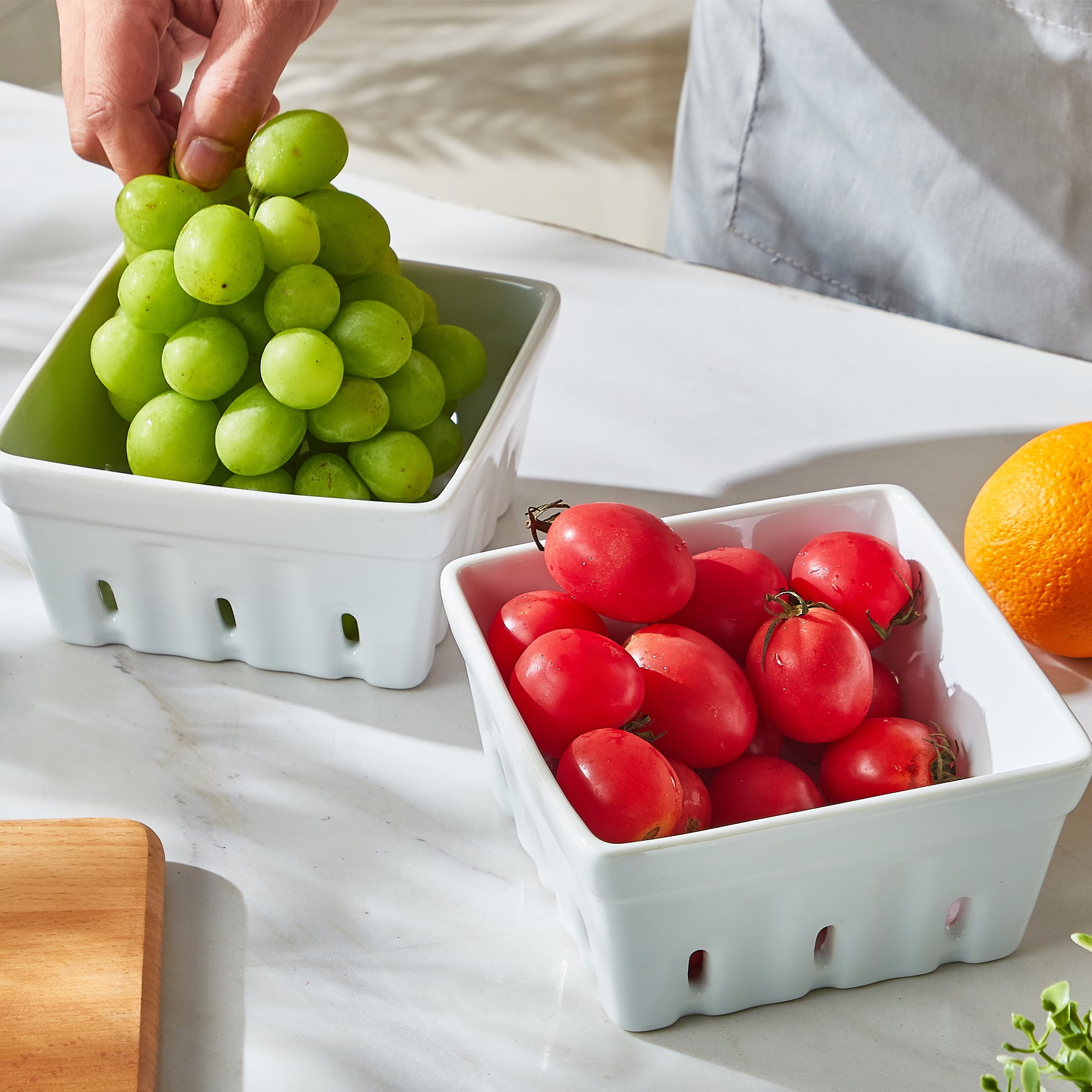 CONTENPO Ceramic Berry Basket Square Fruit Bowls with Holes Berry Bowl Colander Fruit Basket for Kitchen Décor - 5.9" Berry Containers for Fridge, Set of 2, White
