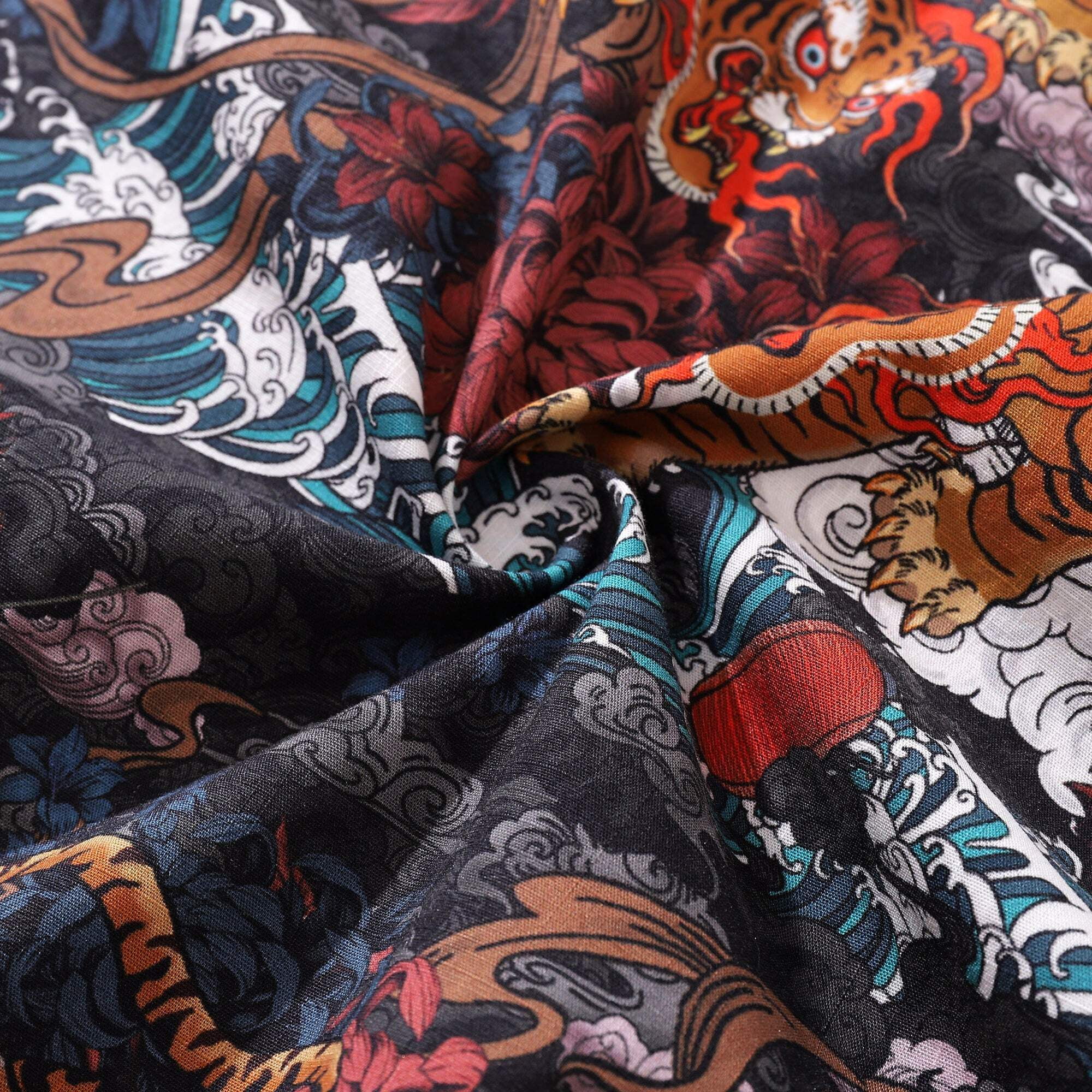 Men's Hawaiian Shirt Short Sleeve Button-down 100% Cotton Red Aloha Midnight Garden By Ali Brookes