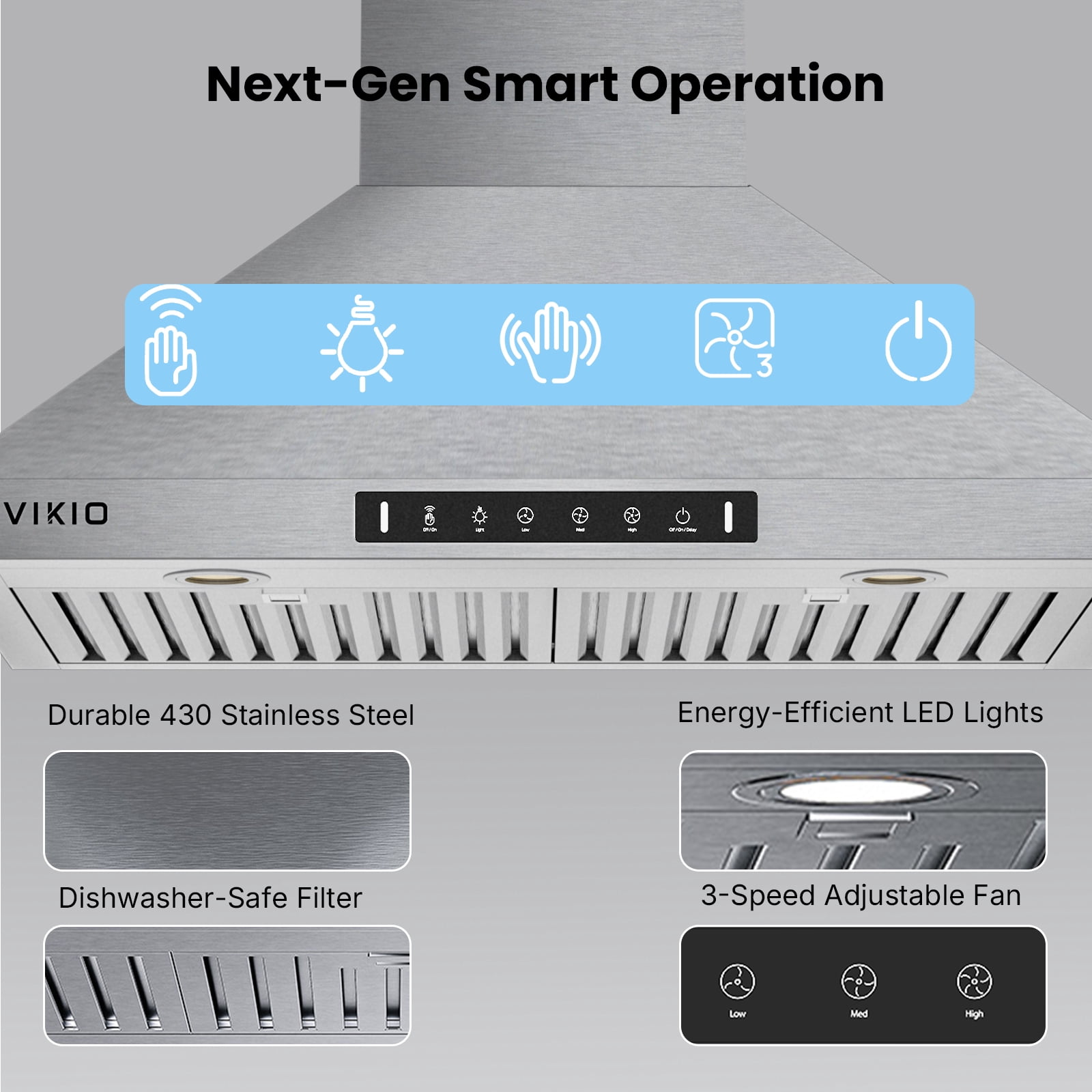 VIKIO 30 inch Wall Mount Range Hood 900CFM Convertible Ducted to Ductless Exhaust Fan , Carbon Filter, Touch Panel, Stainless Steel