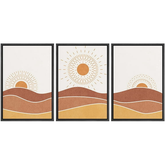 wall26 Framed Canvas Print Wall Art Set Mid-Century Ocean Sunset Sun Horizon Nature Abstract Illustrations Modern Art Bohemian Decorative for Living Room, Bedroom, Office - 24"x36"x3 Black