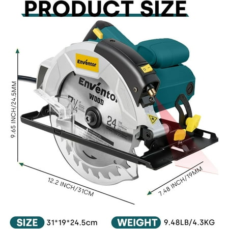 7-1/4-Inch Circular Saw, 10A Pure Copper Motor Electric Circular Saws with Laser Guide, 2 Blade Saws (40T/24T), Adjust Cutting Angle from 0 ° to 90 ° , Single Handed Bevel, 5800RPM, Blue