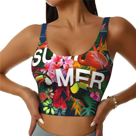 Jgfou Summer Birds and Flowers Print Womens Sports Bra - Padded Workout Sports Bras Crop Tank Top