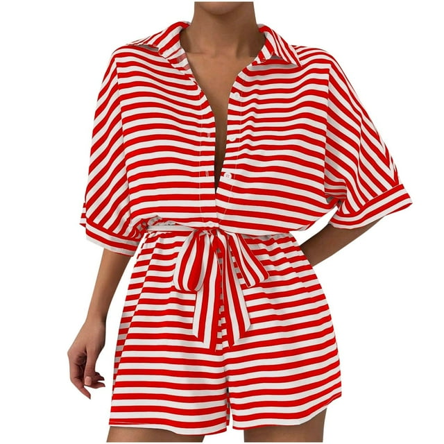 Hinvhai Womens Summer Casual Striped Rompers Clearance Short Sleeve Button Down Belted Short Jumpsuit Red S(S)