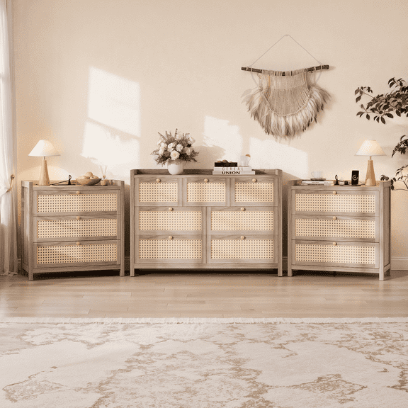 Holliwill 3 Pieces Bedroom Furniture Set, Rattan 7-Drawer Dresser and 3-Drawer Nightstand Set with Charging Station, Chest of Drawers for Bedroom, Natural Oak